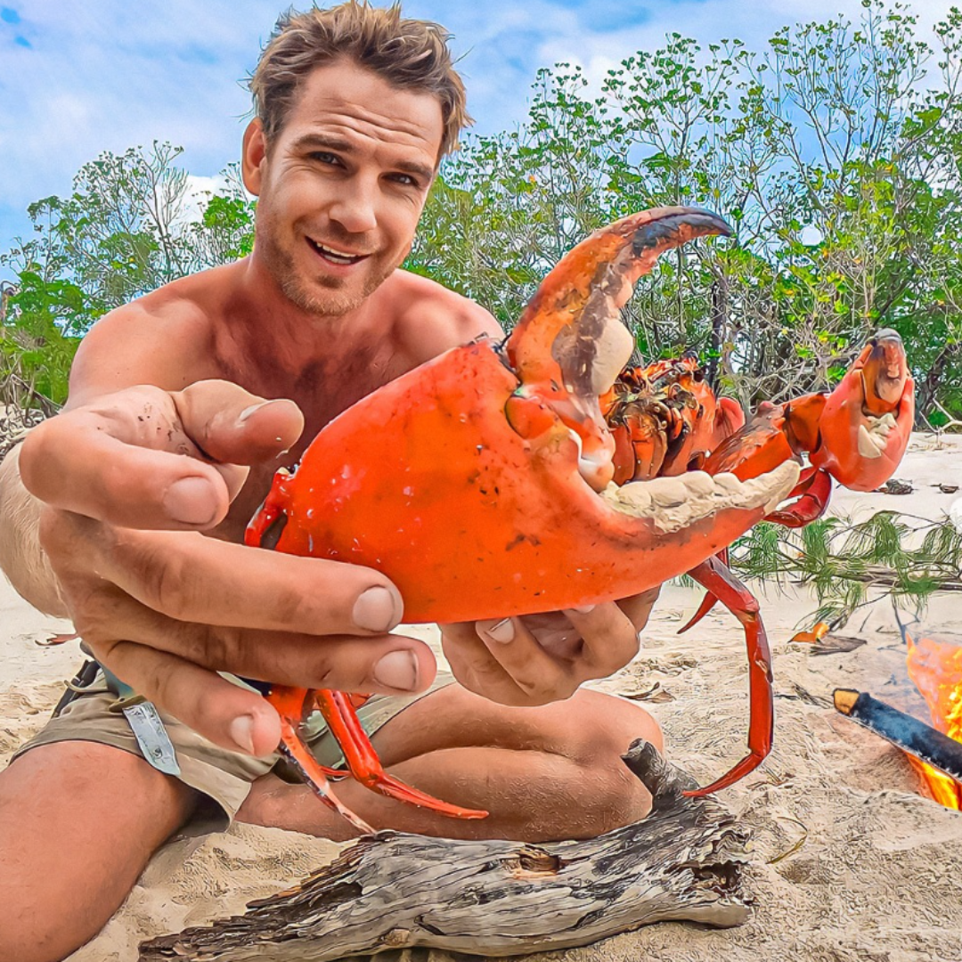 Man holding a freshly cooked mud crab on the beach